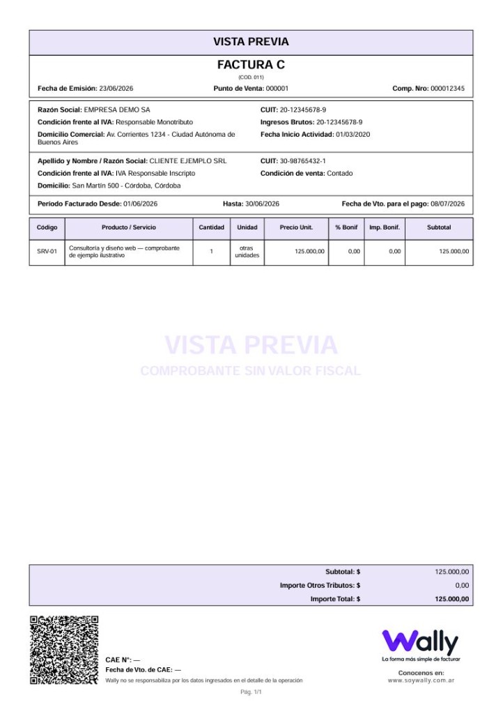Vista previa de Factura C electrónica emitida con Wally, con CAE, QR y datos fiscales