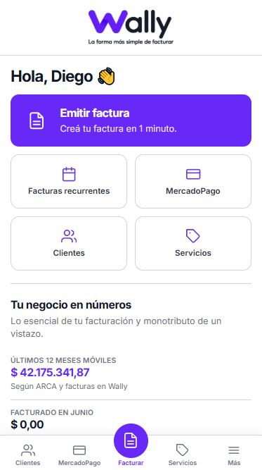Inicio de Wally en celular con acciones rápidas para emitir factura