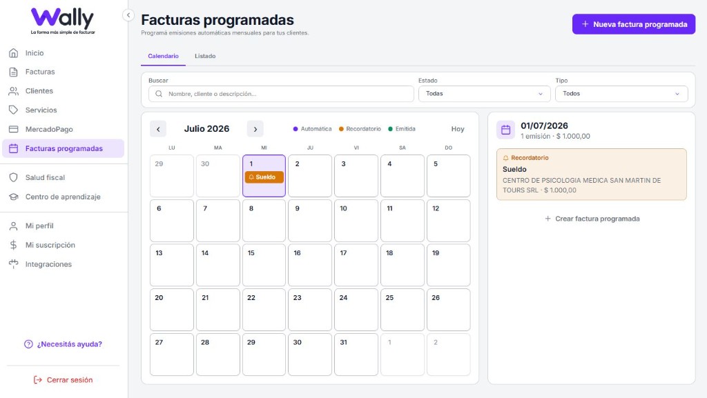 Calendario de facturas programadas en Wally con emisiones automáticas y recordatorios
